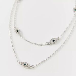 Urban Outfitters Double Layer Evil Eye Silver-tone Necklace Green Stones
